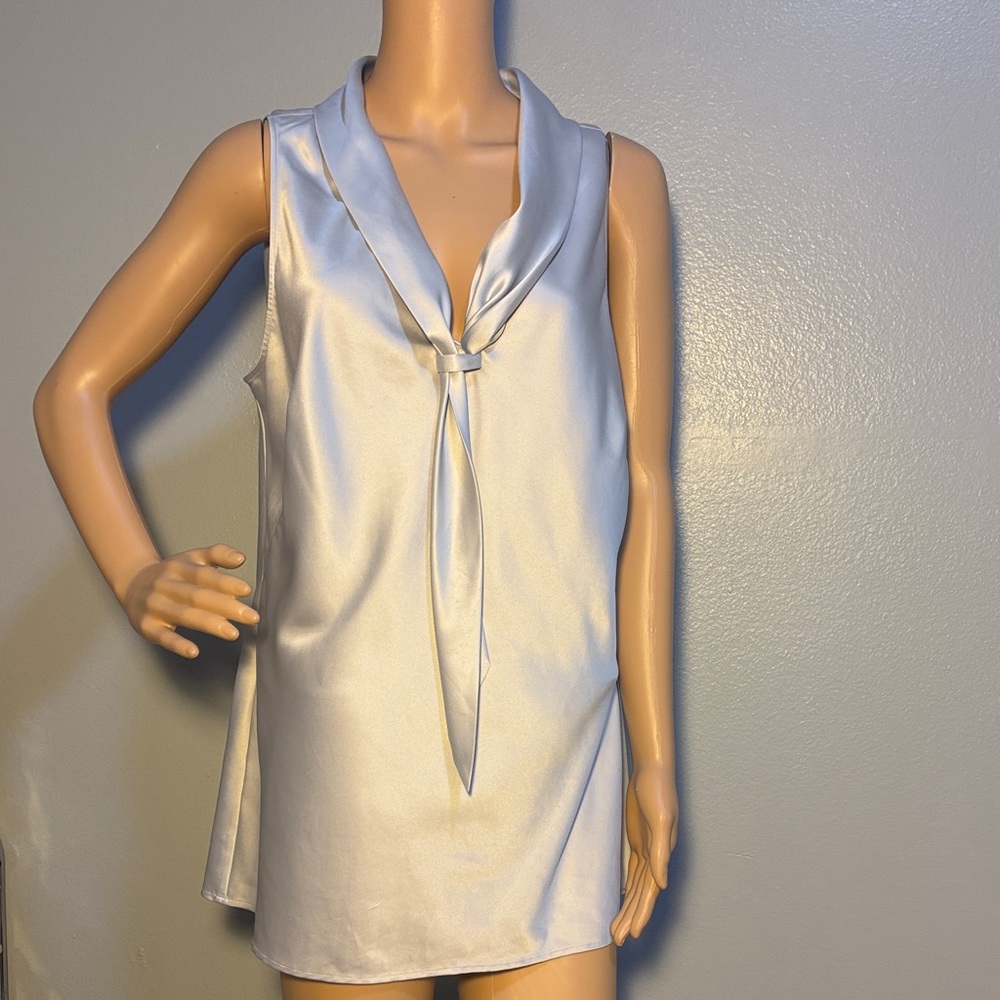 Ann Taylor Light Silver Satin Styled Neck Tie Blouse